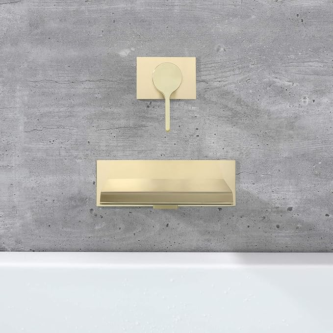 sumerain Wall Mount Tub Faucet Brushed Brass with Waterfall Tub Spout and Rough in Valve, High Flow