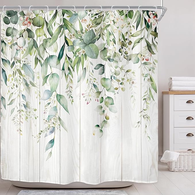 Riyidecor Sage Green Eucalyptus Leaves Shower Curtain for Bathroom Decor 72Wx72H Wooden Rustic Leaf Plants Botanical Spring Floral Art Printed Fabric Polyester Waterproof 12 Pack Plastic