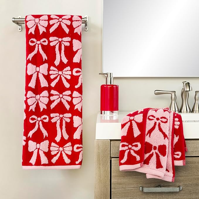 SKL Home Bow Jacquard 100% Cotton Premium 2-Piece Hand Towel Set, 500 GSM, Reversible, Soft & Absorbent, Everyday/Christmas/Winter/Valentine's, Decorative for Bath/Kitchen/Bar, Red/Pink