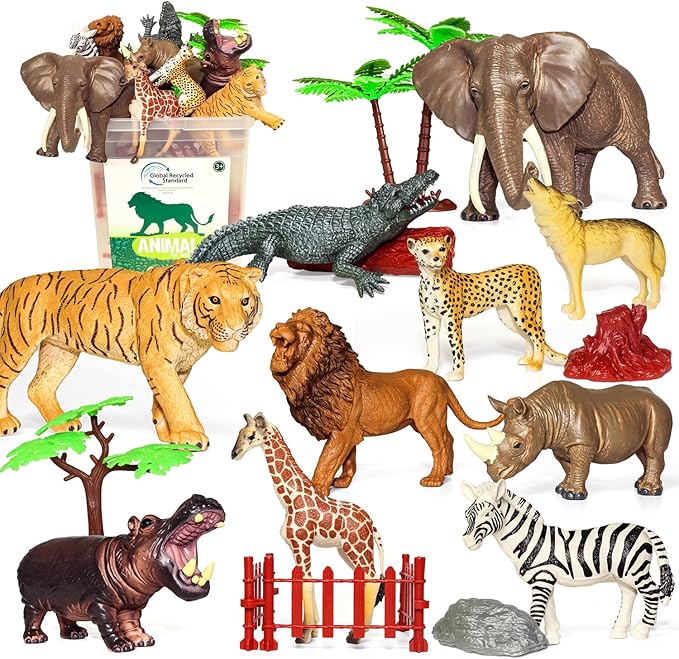 10 Big Realistic Safari Animal Toys for Kids 3-7, Jungle Figures Set with 12 Accessories & Storage Bucket, Educational Plastic Toys