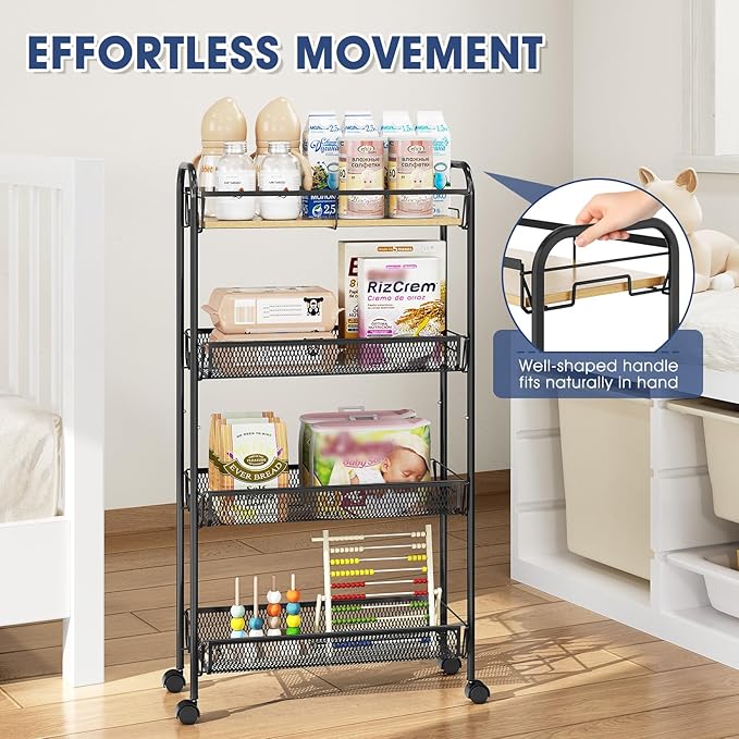 TOOLF 4-Tier Rolling Cart, Metal Utility Cart, Slide Out Storage Cart with Wooden Tabletop and Mesh Baskets, Easy Assemble Trolley for Kitchen Bathroom Laundry Room Bedroom Apartments Dormitory