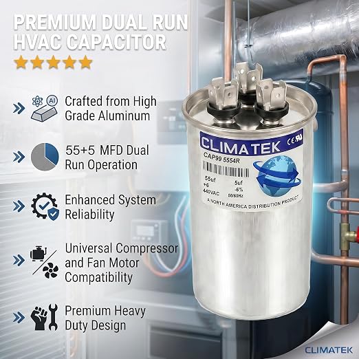 ClimaTek 55 + 5 MFD 370/440 Volt Dual Run Capacitor CAP99-5554R | 55/5 VAC | - Image 5