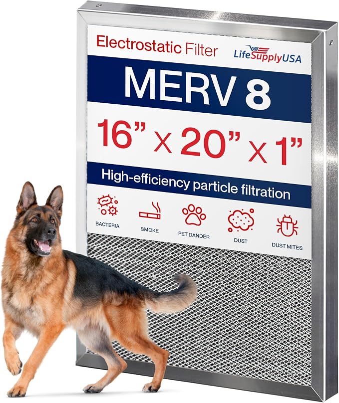 16x20x1 Electrostatic Air Filter, MERV 8, Reusable Furnace AC/HVAC Filter by LifeSupplyUSA