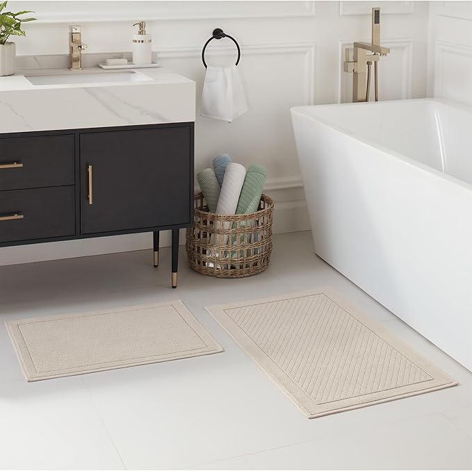 Arkwright 100% Cotton Bathroom Rug - High Absorbent Stylish Textured Woven Design Bath Mat, Slip Resistant Backing for Shower and Bathtub Floor, 20x32 in - Beige