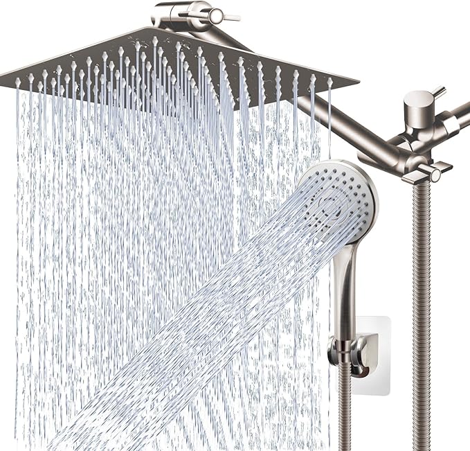 (Brushed Nickel),12'' High Pressure Rain Shower Head with 11'' Adjustable Extension Arm and 5 Settings Handheld Shower Head Combo,Powerful Shower Spray Against Low Pressure Water