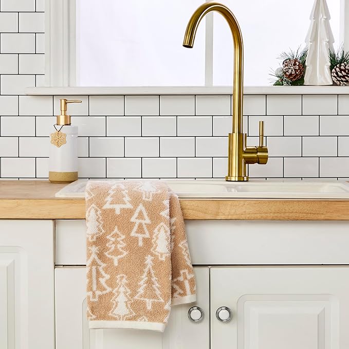 SKL Home Christmas/Winter Mod Tree 100% Cotton Premium 2-Piece Hand Towel Set, 450 GSM, Reversible Jacquard, Soft & Absorbent, Decorative for Bath/Kitchen/Bar, Tan
