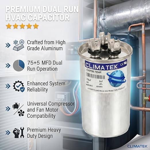 ClimaTek 75 + 5 MFD 370/440 Volt Dual Run Capacitor CAP99-7554R | 75/5 VAC | - Image 5
