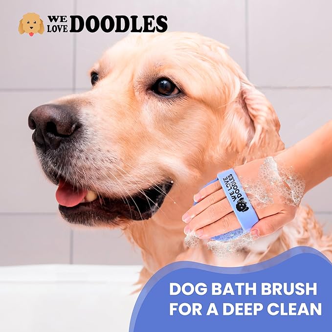 We Love Doodles 2 PACK Pet Rubber Bath Brush and Dog Shampoo (Bundle) - for Shower Scrubbing & Soothing Massage and Organic Dog Shampoo, Conditioner & Detangler - Made in The USA