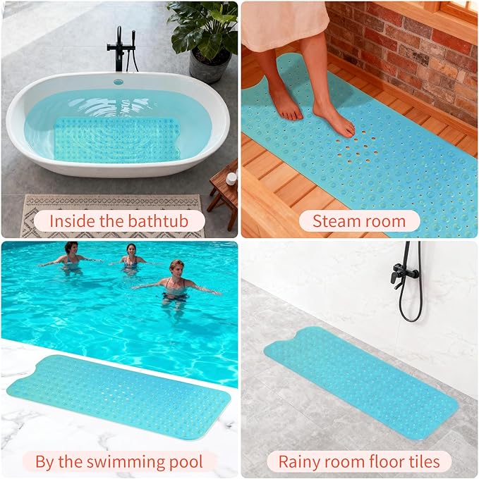 Anti-Slip Bathtub Shower mat, 39.3×15.7 inch（Approximately 100 × 40cm） Soft Oversized Machine Washable Non-Slip Bathtub mat with Drainage Holes, Bathroom Floor Suction Cup.（1-Clear Green）