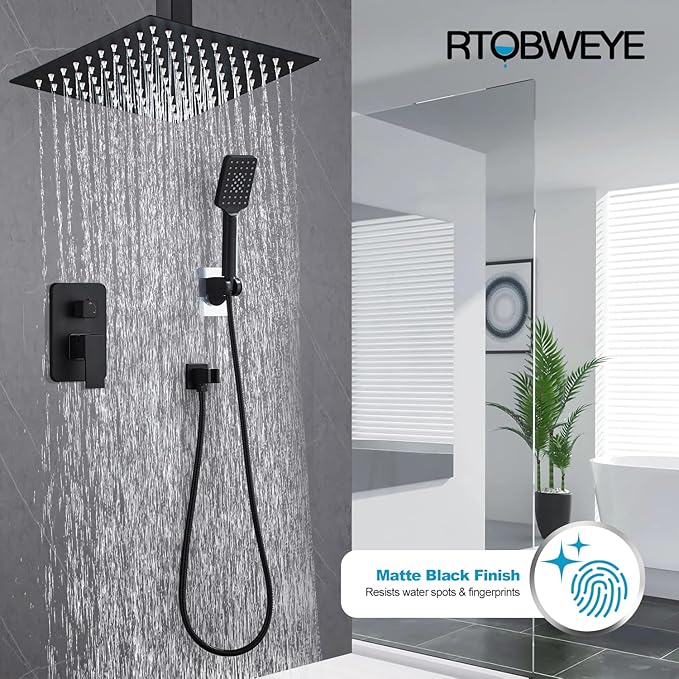 8 Inch Shower Faucet Set Ceiling Mount, High Pressure Rainfall Shower System Square Rain Shower Head with Handheld Spray Combo, Ceiling Luxury Rainfall Shower Fixtures Matte Black (3-Setting)