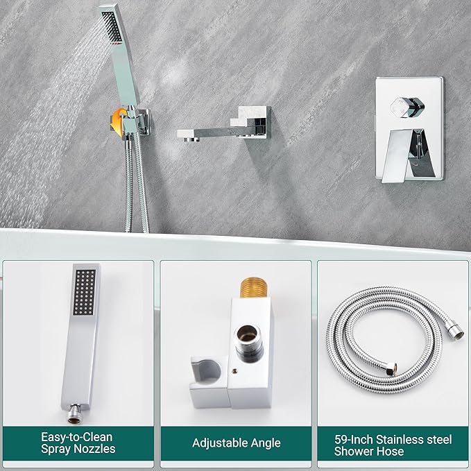 DASAN Swiveling Wall Mount Tub Filler Faucet Set with Hand Held Shower, Chrome Modern Creative Bathtub Faucet Wall Mounted Bath Tub Faucet with High Flow Rough in Valve, SA-TF05WH-PC