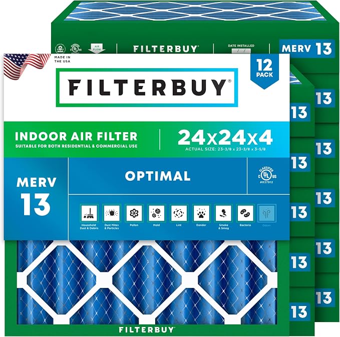 Filterbuy 24x24x4 Air Filter MERV 13 Optimal Smoke & Allergy Defense, by Filterbuy