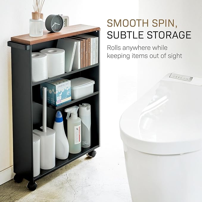 YAMAZAKI Home Slim Rolling Storage Cart – Narrow Bathroom Storage Cabinet with Handle, Slim Bathroom Storage Cart with Wheels, Easy Assembly, Steel + Wood, Black, 27" - Steel -
