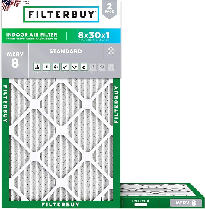 Filterbuy 8x30x1 Air Filter MERV 8 Essential Dust & Allergy Defense, by Filterbuy