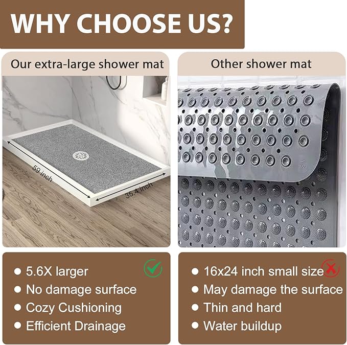 Shower Mat Non Slip: 59 x 35.4 Inch Extra Large Shower Mats for Inside Shower with Drain Hole - Soft PVC Loofah Anti Slip Shower Stall Mat for Walk-in Shower and Bathroom, Quick Drying