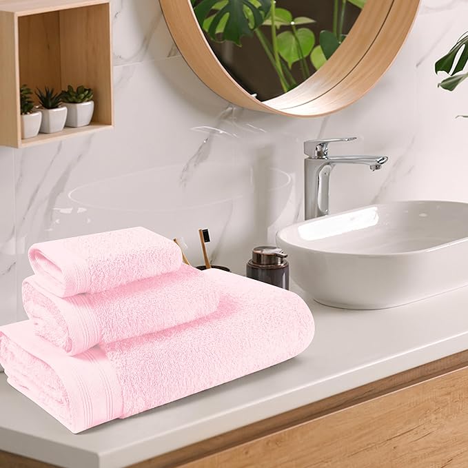 Ultra Soft 3 Pack Cotton Towel Set, Contains a Bath Towels 28x55 inch, a Hand Towels 16x24 inch & a Wash Coths 12x12 inch, Ideal Everyday use, Compact & Lightweight - Pink, Medium