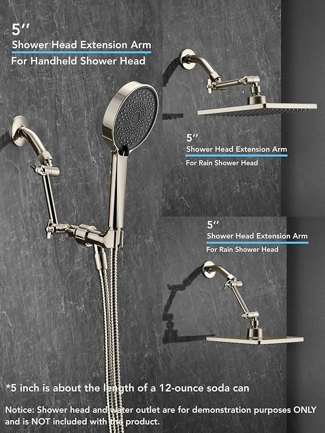 5 Inch Adjustable Shower Head Extension Arm With Locking Set Screw, Singing Rain Brass Nickel Brushed Angle Height Adjustable, Easy To Install, G1/2 Universal Connector Compatible (Nickel Brushed)