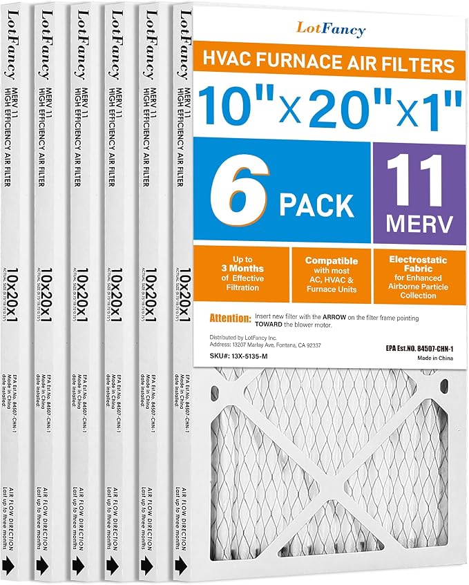 LotFancy 10x20x1 Air Filter MERV 11 6-Pack, Electrostatic Pleated AC Furnace by LotFancy