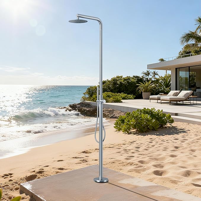 RBROHANT Freestanding Outdoor Shower, 316 Marine Grade Stainless Steel Beach Shower, Free Standing Hot and Cold Water Pool Shower with 10’’ Rain Shower Head and Handheld, Brushed Nickel, Floor Mounted