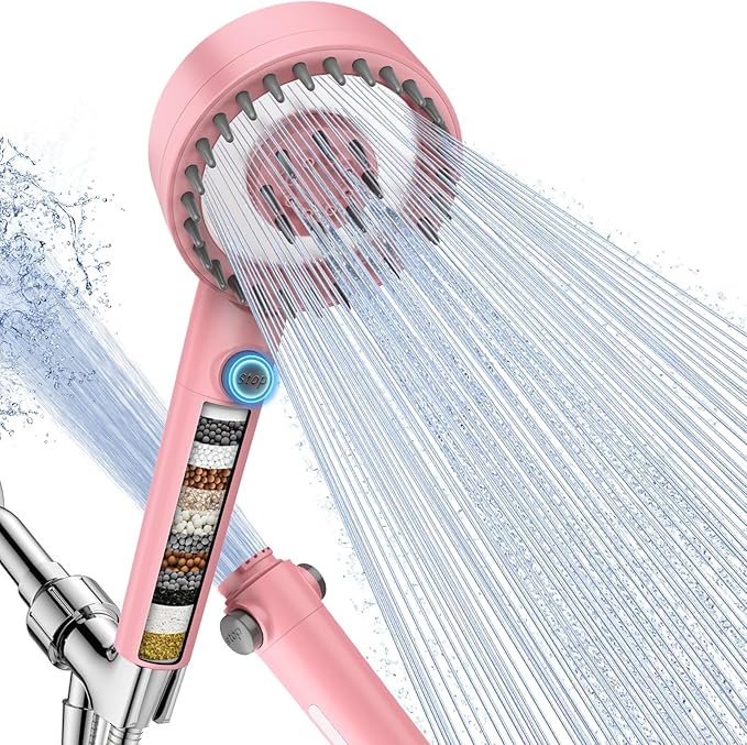 Filtered Shower Head with Handheld, High Pressure 4 Spray Mode Showerhead with Filters, Water Softener Beads for Hard Water with ON/OFF Switch for Pets - Remove Chlorine (Pink, 5 Inch Panel)