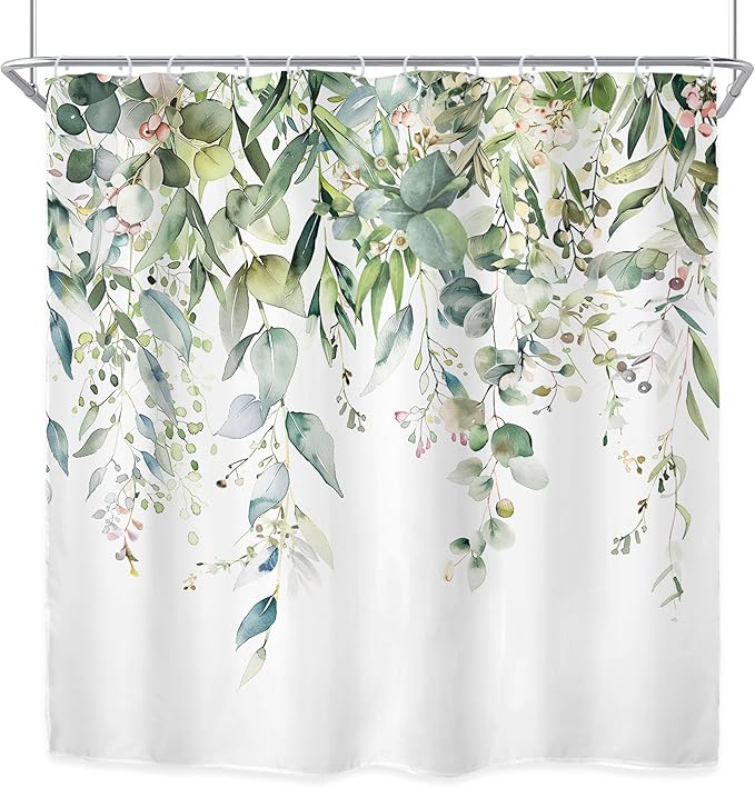 Riyidecor Green Eucalyptus Leaves Shower Curtain for Bathroom Decor 72Wx78H Plants Watercolor Floral Rustic Botanical Spring Nature Farm Art Printed Fabric Polyester Waterproof 12 Pack Plastic