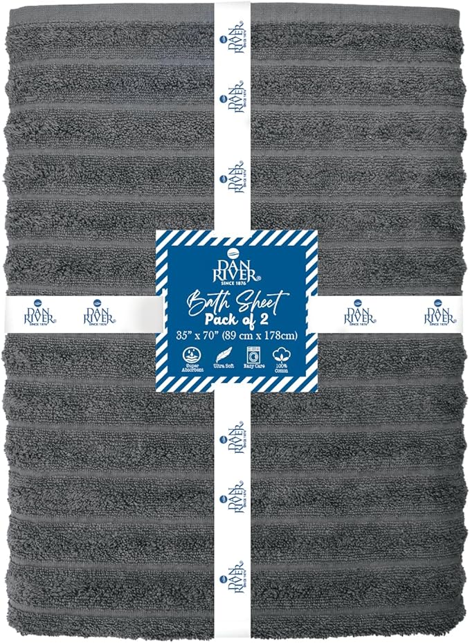 DAN RIVER Pack of 2 Bath Sheet 35x70 Inches, Extra Large Ribbed Gray Bath Towels Oversized, Absorbent Cotton Towels for Bathroom