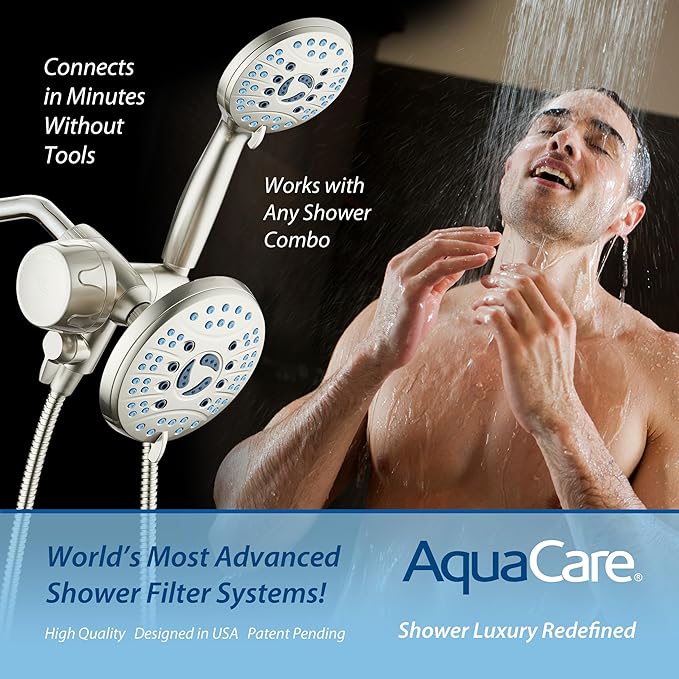 AquaCare Skin & Hair - World's Only Shower Head Combo Filter with Built-in 3-way Water Diverter, ON/OFF Filtration Modes, Instant Cartridge Reload & Stay-Clean American KDF Cartridge, Satin Nickel