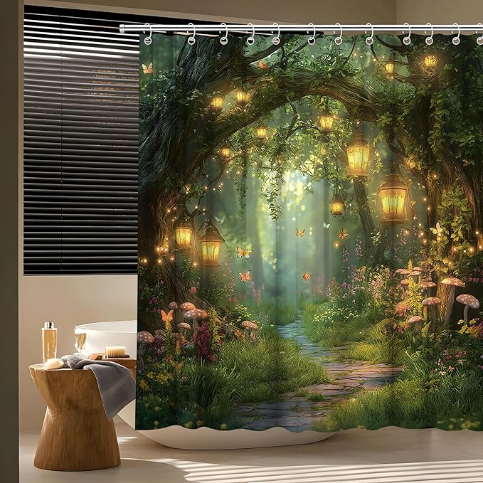 Fantasy Forest Path Shower Curtain Fairy Magical Enchanted Misty Jungle Mushroom Floral Tree Butterfly Lantern Wonderland Plant Bath Curtain Fabric Bathroom Accessories Decor with Hooks 70W x75L