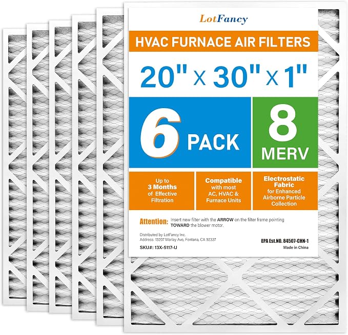 LotFancy 20x30x1 Air Filter MERV 8 6-Pack, Electrostatic Pleated Furnace & AC by LotFancy