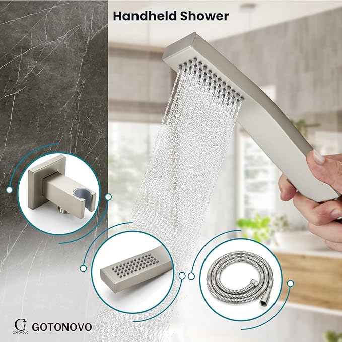 gotonovo Shower System with Tub Spout Wall Mounted Rain Shower Head and Handle Combo Shower Faucet Set with Valve, 12 Inch, Brushed Nickel