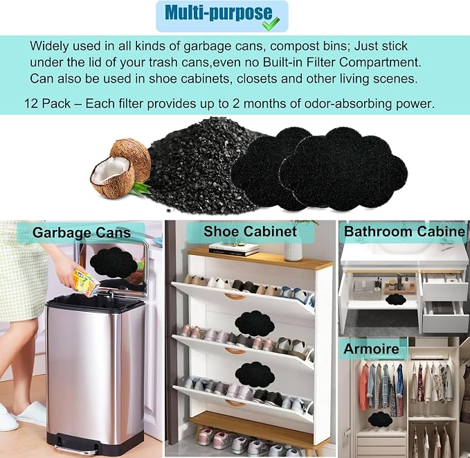 12-Pack Universal Stick-on Trash Can Odor Absorbing Filters, Activated Charcoal - Image 6