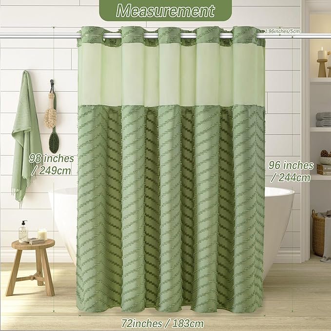 Extra Long No Hooks Shower Curtains, 98 Inches Long Boho Tufted Chevron Striped Fabric Shower Curtain for Bathroom with Snap in Liner, Water Resistant Cloth Shower Curtain Set, Sage Green, 72x98