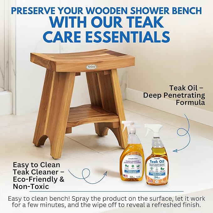 EcoDecors Serenity Teak Wood Shower Bench, 18", Fully Assembled + 4 Pack Teak Care Bundle