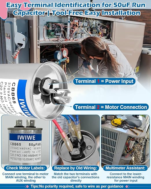IWIWE 50uF ±5% 370/440/450VAC CBB65/CBB65B Run Start Capacitor - Image 4