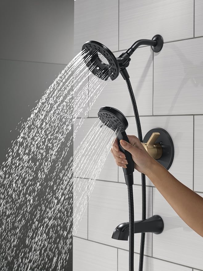 Delta Faucet Albion 14 Series Single-Handle Tub and Shower Faucet Set, Black/Gold Shower Trim with In2ition 2-in-1 Dual Shower Head, Matte Black/Champagne Bronze T144855-GZ-I (Valve Not Included)