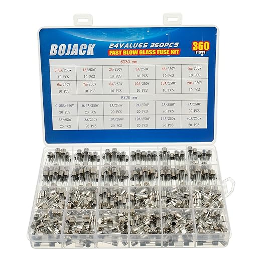 BOJACK 24 Values 360 pcs Fast-Blow Glass Fuses Assortment Kit 5x20mm 250V 0.25 by BOJACK