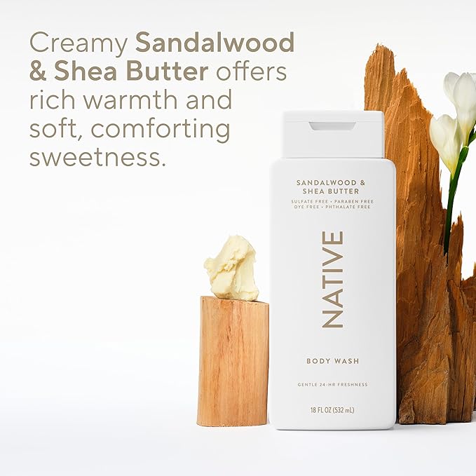 Native Body Wash Contains Naturally Derived Ingredients | For Women & Men, Sulfate, Paraben, & Dye Free Leaving Skin Soft and Hydrating | Sandalwood & Shea Butter 18 oz