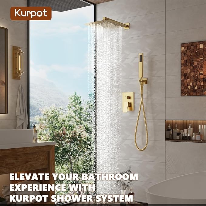 Gold Shower System, 10'' Square Rainfall Shower Head with Handheld Combo Spray, Bathroom Brushed Gold Shower Faucet Set with Valve, 59'' Shower Hose, Shower Trim Kit and Diverter, Wall Mounted