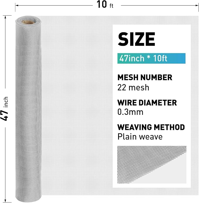 304 Stainless Steel Mesh Window Screen Roll, 47IN x 10FT Silver Metal Window - Image 3
