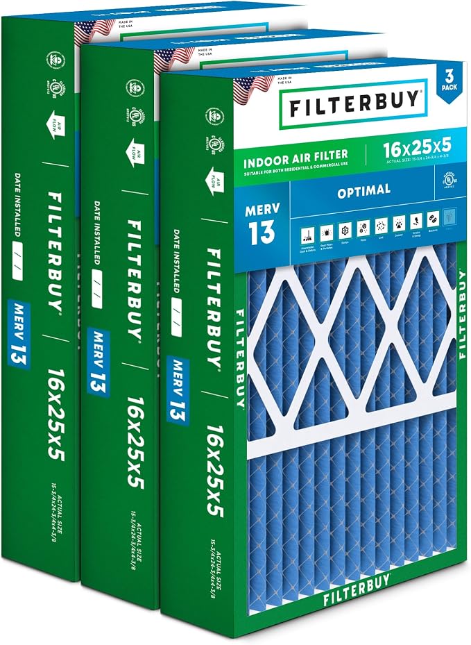Filterbuy 16x25x5 Air Filter MERV 13 Optimal Smoke & Allergy Defense, Pleated by Filterbuy