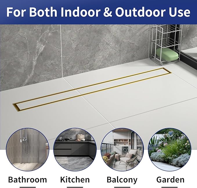 Linear Shower Drain 30", Brushed Gold Floor Drain with Tiled Insert Grate & Hair Strainer, 304 Stainless Steel Bathroom 2-in-1 Tiled in Drain, CUPC Certified (Brushed Gold, 30'')