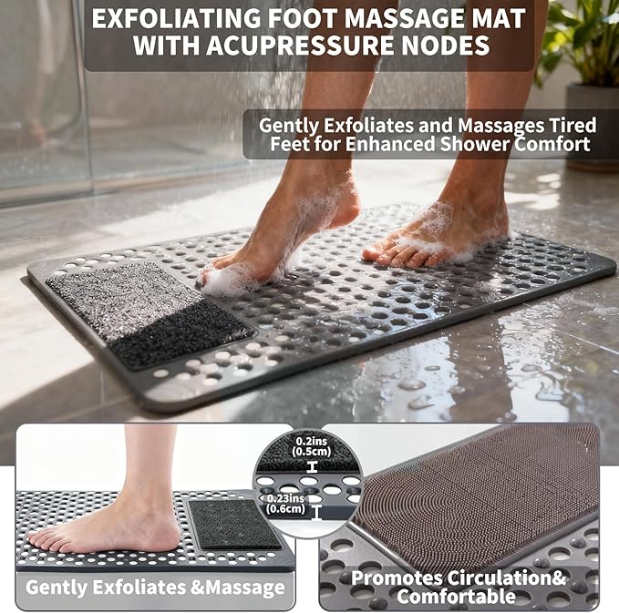 Bath Tub Shower Mat with Soft Shower Foot Scrubber Mat for Massage,Non Slip Bathtub Mat with Strong Suction Cups, Silicone Shower Foot Scrubber Mat (Gray, 31.5" X 19.7"(Rectangular))