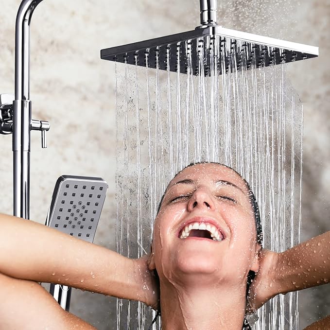 Shower Faucet Set 8" Square Shower Head 3 Function Thermostatic Rainfall Shower Faucet Set Handheld Sprayer Tub Spout Polished Chrome with Height Adjustable Slide Bar
