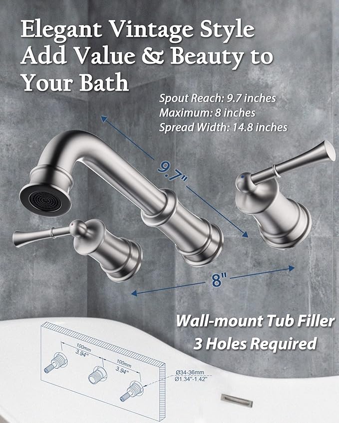 Wall Mount Tub Filler with Rough-in Valve, High Flow Brass Roman Tub Faucet 2 Handle Wall Mounted Bathtub Faucet 360° Swivel Spout, Brushed Nickel(B2306-BN)