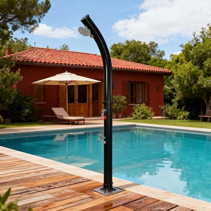 4.8 Gallon Solar Heated Outdoor Shower, 7 FT Freestanding Outside Shower with Shower Head & Foot Shower Tap for Poolside Backyard Beach, Black