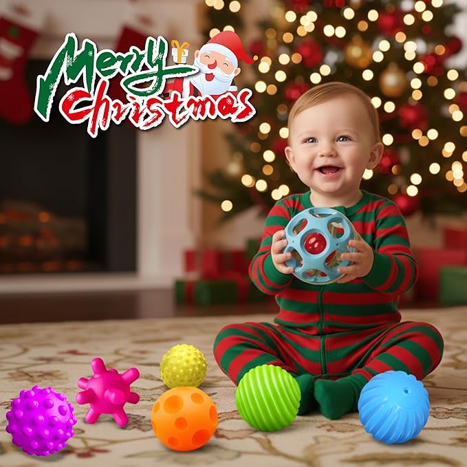 Sensory Toys for Babies, Montessori Textured Baby Balls and Wheat Straw Rattle, Baby Toys for 6-12 Months, Ideal Newborn Gifts for Boys and Girls, Toddler Toys for 1-3