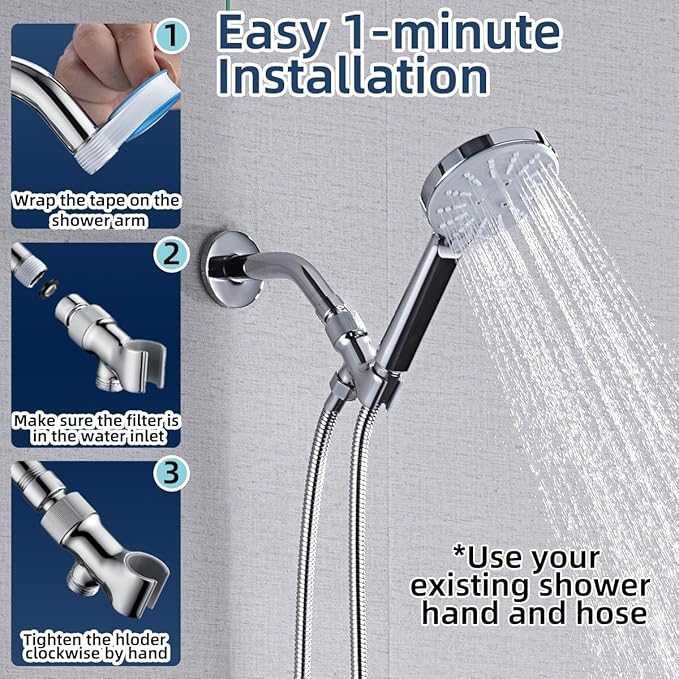 Shower Head Holder All Metal Adjustable Handheld Shower Arm Mount, 1/2" Shower Hose Holder Fits Most Hand Showerheads, Brass Hand Held Shower Head Holder, Easy to Install(Chrome)