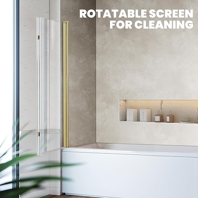 Bathtub Folding Shower Glass Door, 36" W*55" H Pivot H-Type Frameless Tub Shower Door, Clear Tempered Glass Shower Screen Panel for Bathroom, Brushed Gold