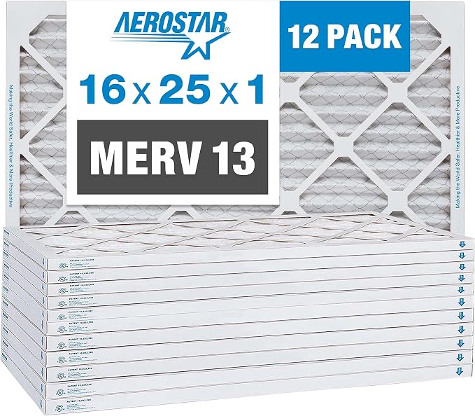 Aerostar 16x25x1 MERV 13 Pleated Air Filter, AC Furnace Air Filter, 12 Pack by AirFiltersDelivered