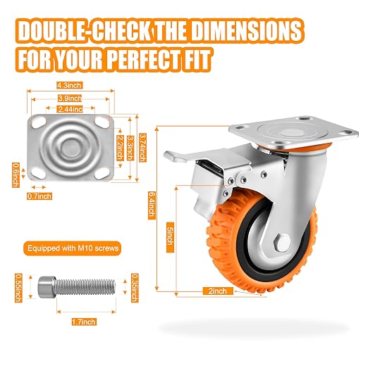 5 Inch Heavy-Duty Polyurethane Caster Wheels–360° Swivel & Dual-Lock Brake - Image 3